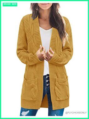 Cable Knit Open Front Cardigan Sweater Long Sleeve V-Neck Pockets